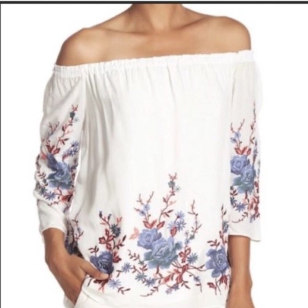 Anthropologie DREW Embroidered Lined Top Blouse Shirt‎ off Shoulder Size M